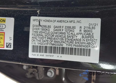 2021 Honda Accord Lx z USA, uszkodzony, nr VIN 1HGCV1F17MA033292
